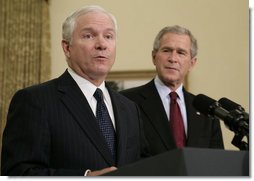 Dr. Robert Gates speaks to the media in the Oval Office Wednesday, Nov. 8, 2006. With more than 25 years of national security experience, Dr. Gates was announced as President Bush's intended successor to Donald Rumsfeld as Secretary of Defense. White House photo by Paul Morse
